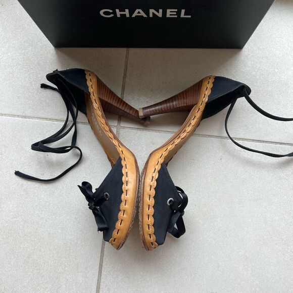 CHANEL Black Satin D'Orsay Sandals Interlocking Pearl CC Logo Lace Up 38 - Picture 5 of 14